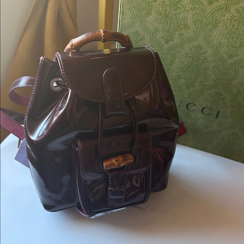 Gucci Burgundy Patent Leather Bamboo Top Handle Backpack